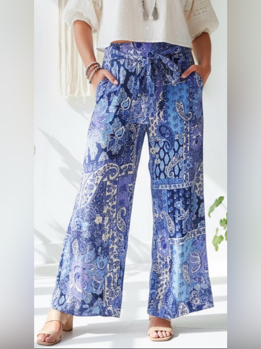 NWT! Lola P Patchwork Print Wide Leg Ankle Pants with Attached Self Tie Belt, S
